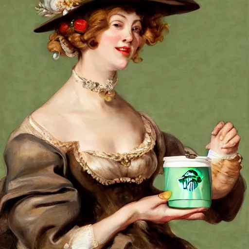 Image similar to eavenly summer sharp land sphere scallop well dressed lady holding a starbucks coffee, auslese, by peter paul rubens and eugene delacroix and karol bak, hyperrealism, digital illustration, fauvist, starbucks coffee, green coffee logo