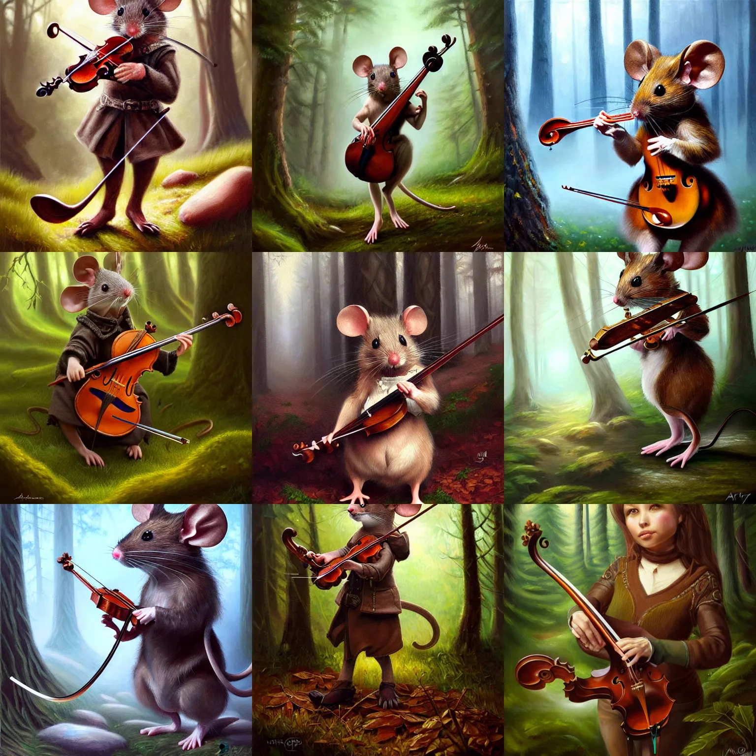 Prompt: classic oil painting, a mouse with a violine, as a dnd character, standing in the forrest, highly detailed, digital illustration, concept art, close up, by artgerm