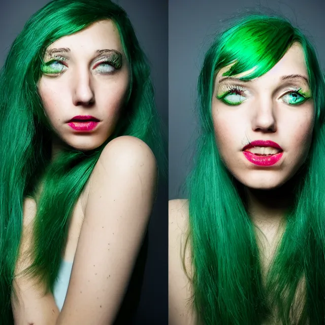 Prompt: close kodachrome photograph face of beautiful girl with green hair and lizard skin, studio lighting