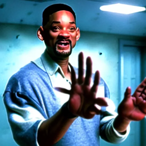 Image similar to will smith with 4 arms holding up his giant hand.. training montage, movie still, cinematic lighting, 3 5 mm film.