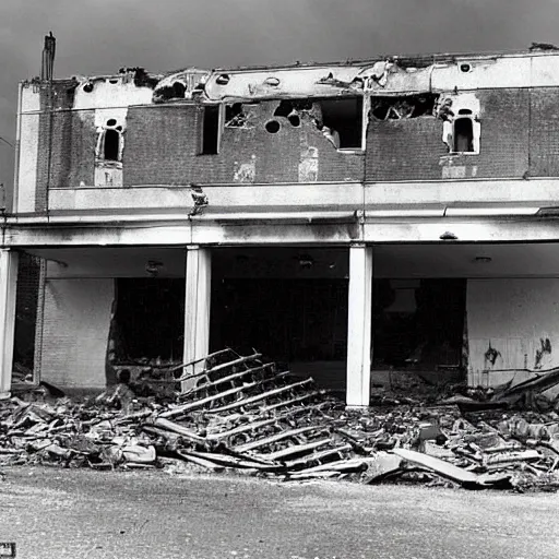 Prompt: Scars left by the 1942 Japanese air raids, far more severe than most Australians realise even now, remain in the town and harbor. The burnt-out shell of the Bank of [NSW] building… and [what] was once the post office are grim reminders of Darwin's ordeal