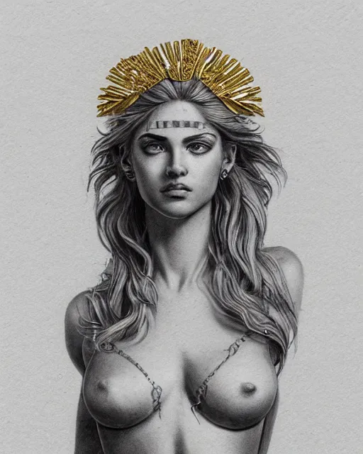 Image similar to front view of beautiful aphrodite greek goddess wearing a gold laurel wreath and triangle earrings, realism tattoo sketch, beautiful piercing eyes with sharp pupils, beautiful blonde hair, in the style of greg rutkowski, fantasy, amazing detail, epic, elegant, smooth, sharp focus