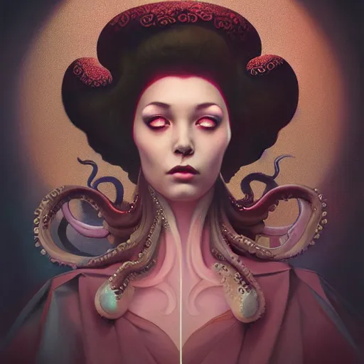Image similar to queen of octopus, portrait, pink and gold, nouveau, beautiful, by Anato Finnstark, Tom Bagshaw, Brom