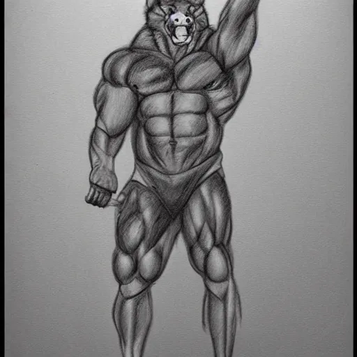 Image similar to master furry artist pencil drawing full body portrait character study of the anthro male anthropomorphic wolf fursona animal person wearing gym shorts bodybuilder at gym