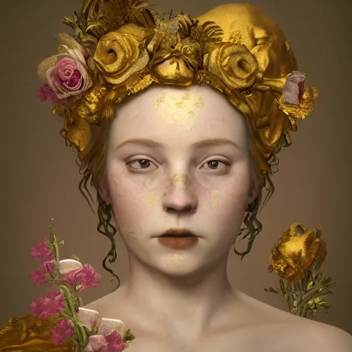 Prompt: 8k, octane render, realism, tonalism, renaissance, rococo, baroque, portrait of a young lady wearing dress with flowers and skulls, background chaotic gold leaf flowers