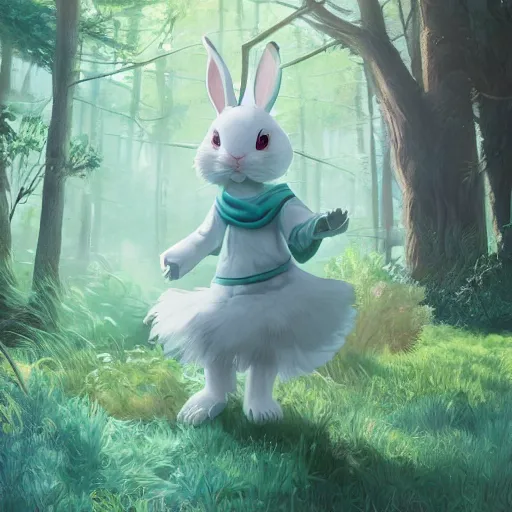 Prompt: concept art painting of a white rabbit wearing a turquoise dress, in the deep forest, realistic, detailed, cel shaded, in the style of makoto shinkai and greg rutkowski and james gurney