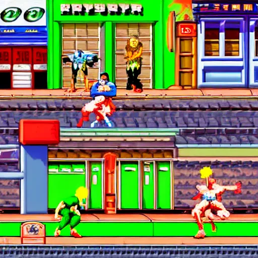 Prompt: street fighter super nintendo fight between kermit and captain planet marketplace background