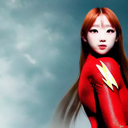 Image similar to realistic photo of Chuu from LOONA as The Flash, intricate, heroic pose, white fog, key lighting, 8k octane render