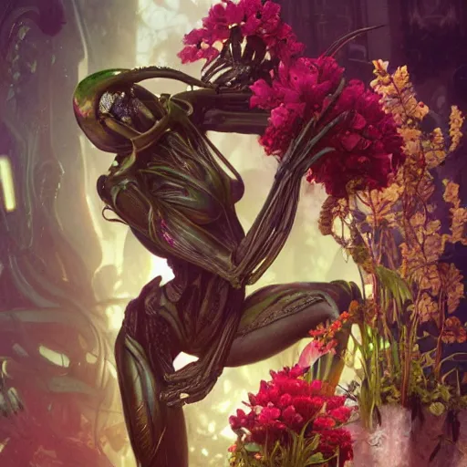 Image similar to a xenomorph made of flowers, art by artgerm and greg rutkowski and alphonse mucha, concept art, octane render, unreal engine 5, highly detailed, high quality, 8 k, soft lighting, path traced