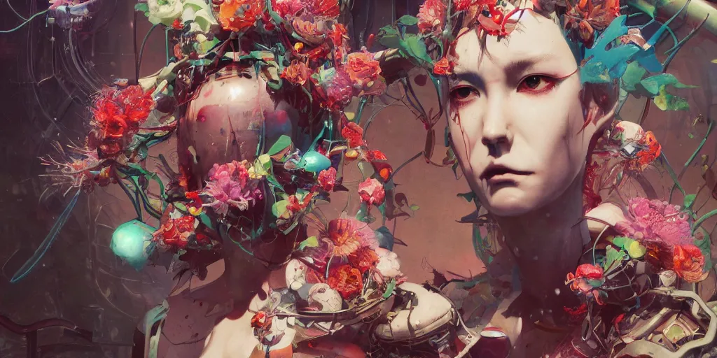 Image similar to surreal gouache painting, by yoshitaka amano, by ruan jia, by conrad roset, by kilian eng, wide angle, by good smile company, detailed anime 3 d render of a mechanical android head with flowers growing out, portrait, cgsociety, artstation, modular patterned mechanical costume and headpiece, retrowave atmosphere