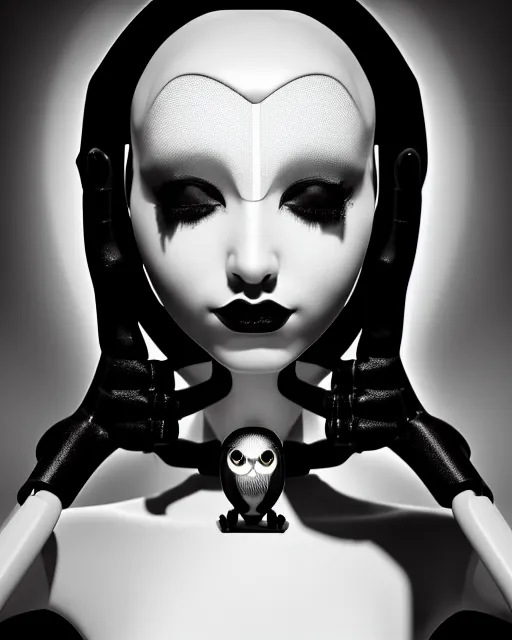 Image similar to surreal mythical dreamy dark artistic black and white fine art 3 / 4 fashion portrait photo of a young beautiful delicate female robot with orchid - owl face, rim light, cinematic, studio dramatic light, poetic, masterpiece, octane render, 8 k, photo - realistic by hg giger and man ray