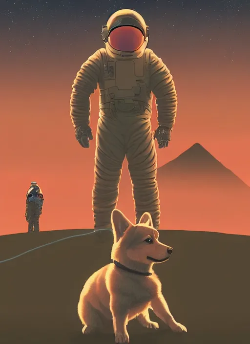 Prompt: Twin Peaks poster artwork by Michael Whelan and Tomer Hanuka, Rendering of a cute corgi in a spacesuit on Mars, full of details, early morning light, sunrise, golden hour, by Makoto Shinkai and thomas kinkade, Matte painting, trending on artstation and unreal engine