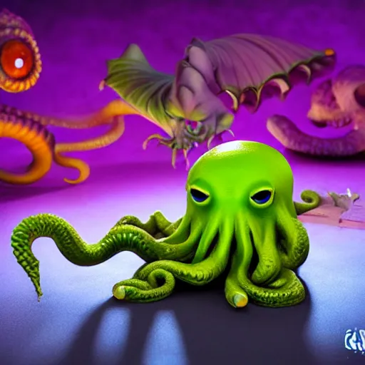 Image similar to ultra cute design for a Cthulhu art vinyl toy, Pixar, unreal engine, studio lighting, product shot 4k hd