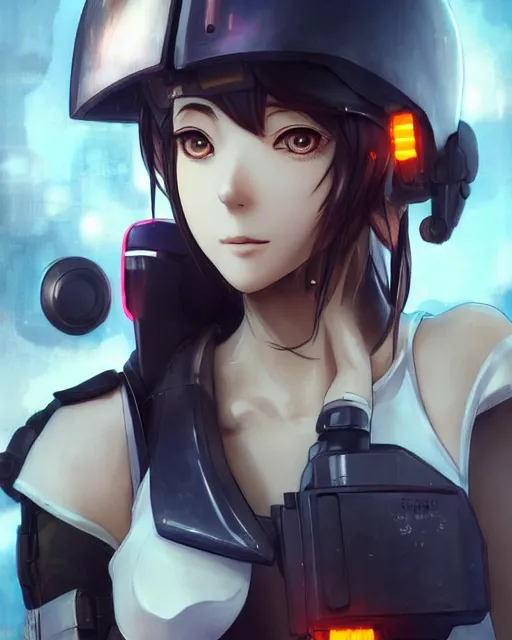 Image similar to nami, anime key visual of a young female swat officer, neon, cyberpunk, futuristic, white clothing, black vest, swat helmet, stunning, highly detailed, digital painting, smooth, soft focus, illustration, 4 k digital art from artstation by artgerm and greg rutkowski and alphonse mucha