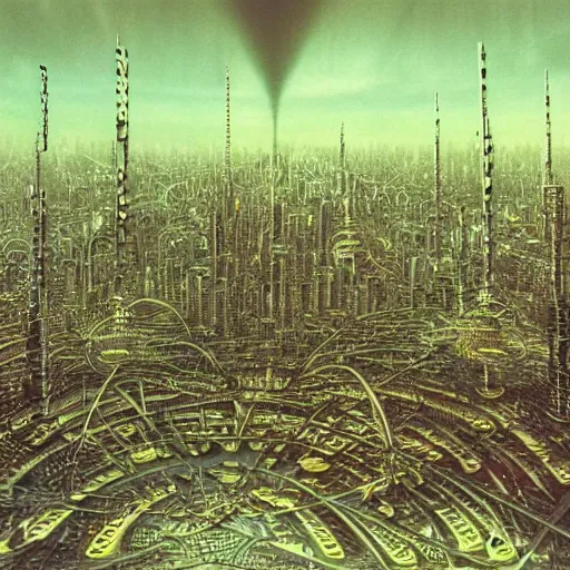 Image similar to photo of a futuristic city made of electronic components by hr giger and zdzislaw beksinski. Very detailed 8k