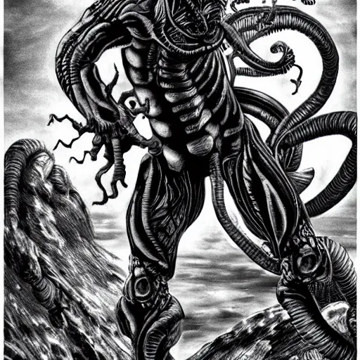 Image similar to Xenomorph by Kentaro Miura, highly detailed, black and white