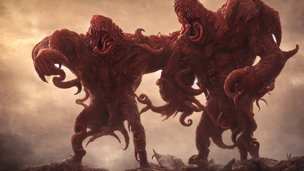 Image similar to chuck norris Fight with the giants cthulhu, cgi, trending artstation