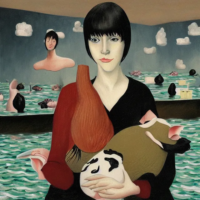 Image similar to tall female emo artist holding a pig in a flooded cafe, octopus, water gushing from ceiling, painting of flood waters inside a cafe, a river flooding indoors, pomegranates, pigs, ikebana, water, octopus, river, rapids, waterfall, black swans, canoe, berries, acrylic on canvas, surrealist, by magritte and monet