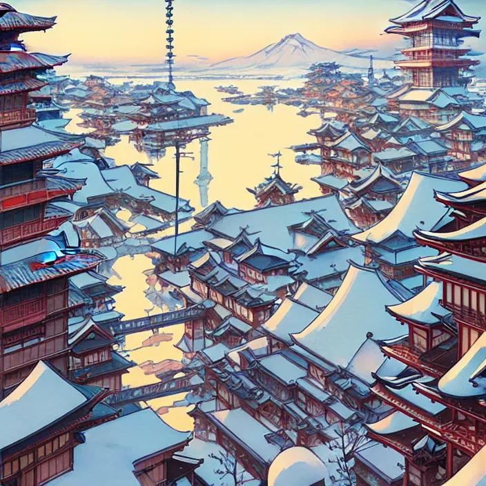 Image similar to japanese city, winter, in the style of studio ghibli, j. c. leyendecker, greg rutkowski, artem