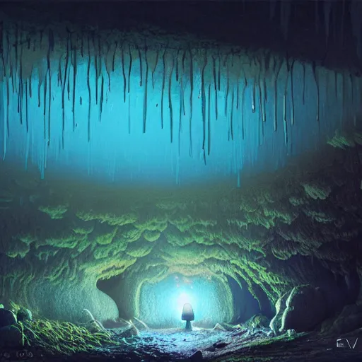 Prompt: fluorescent mushrooms dimly lighting a moist cave, highly detailed, digital painting, artstation, concept art, sharp focus, illustration, by Evgeny Lushpin