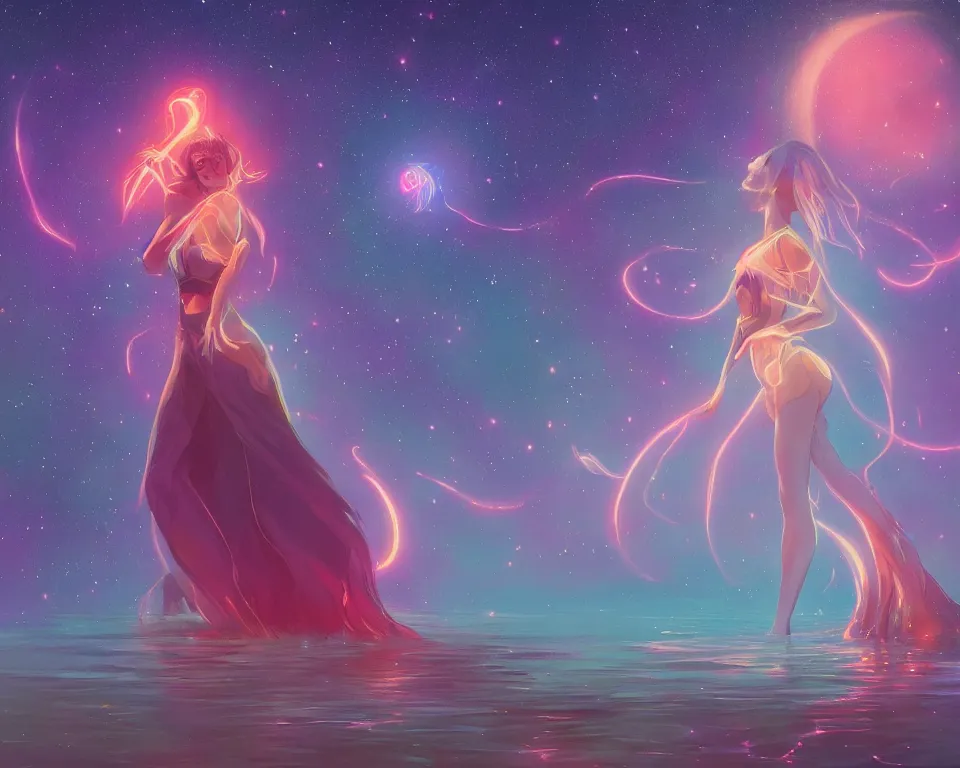 Image similar to beautiful fantastical girl standing in a lake basking in the moonlight, casting a spell, underneath a multi-colored binary blackhole with an accretion disc, glowing trails following her arms, wearing professional makeup, synthwave, by Lois van Baarle, by Greg Rutkowski, by artgerm, by beeple, by studio ghibli, cinematic angle, volumetric lighting, 4k resolution, octane render, trending on artstation, masterpiece