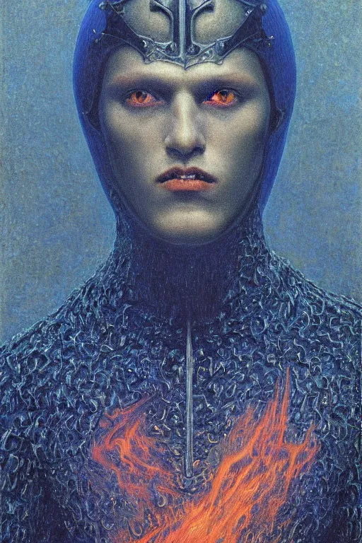 Image similar to portrait of beautiful gothic young man, warhammer, cyber armor, a lot of scars, thunderstorm and fire, blue head, the middle ages, highly detailed, artstation, illustration, art by jean delville, 8 k quality, art by jean delville, max ernst