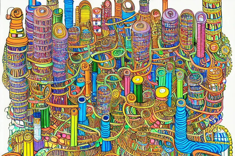 Image similar to an elaborate penned child illustration of a colorful intricate connected city of tubes and pipes, by martin handford and by jan van haasteren