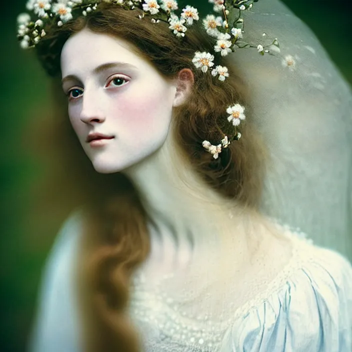 Image similar to Kodak Portra 400, 8K, soft light, volumetric lighting, highly detailed, britt marling style 3/4 ,portrait photo of a beautiful woman how pre-Raphaelites painter, a beautiful lace dress and detailed flowers adorning her hair, white pearls on her beautiful face, Realistic, Refined, Highly Detailed, natural outdoor soft pastel lighting colors scheme, outdoor fine art photography, Hyper realistic, photo realistic