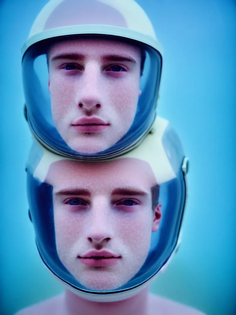 Image similar to high quality pastel coloured film portrait photograph of a beautiful young 2 0 year old male, soft facial features, short hair, perspex space helmet and oversized inflated clothing!! icelandic black rock pool environment. atmospheric three point light. photographic. art directed. ( pastel colours ). volumetric. clearcoat. waves. 8 k. filmic.