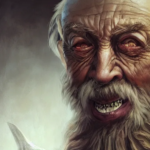 Image similar to a detailed matte head - on portrait painting of a sweet ugly old hobbit man, with a large scar and missing teeth portrait by charlie bowater, lise deharme, wlop, tending on arstation, dungeons and dragon, dnd, pathfinder, fanart, oil on canvas