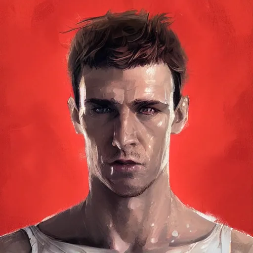 Image similar to Portrait of a man by Greg Rutkowski, he is about 30 years old, short blond hair, athletic and strong, straight jaw, wearing red tank top, older brother vibes, highly detailed portrait, digital painting, artstation, concept art, smooth, sharp foccus ilustration, Artstation HQ.