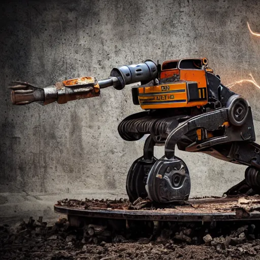 Image similar to giant scary treaded mining robot with drill, mining scrap metal, highly detailed body, retro, industrial, dark, dystopian, apocalyptic, clean, 8 5 mm f / 1. 4