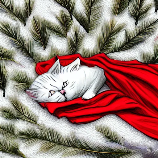 Prompt: a superhero white cat with spandex suit and cape sleeping curled up on bed of pine needles, digital art