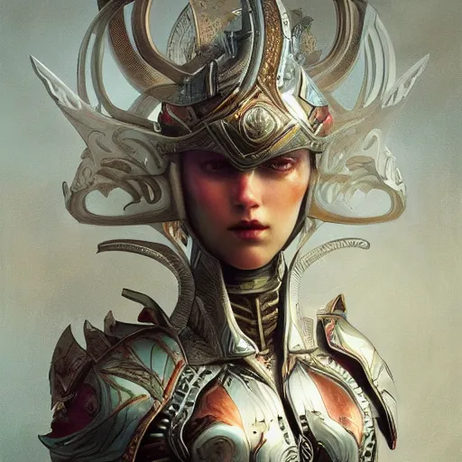 Image similar to porcelain in full warrior synthetic armor, soft painting of a curiosities graceful futuristic multidimensional carnival, perfectly detailed, symmetrical accurate intricate sensual features, highly detailed, artstation, sharp focus, tom bagshaw