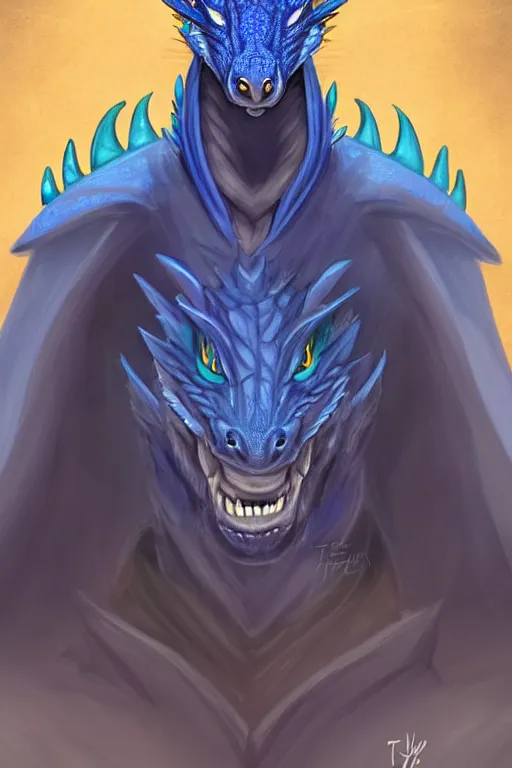 Prompt: full length portrait of a blue dragon sorcerer, anthropomorphic, nature lover, nerd, clumsy, electricity, comets, dragon, male, magical robes, high fantasy, d & d, by tyler jacobson, face details, extremely detailed, digital illustration