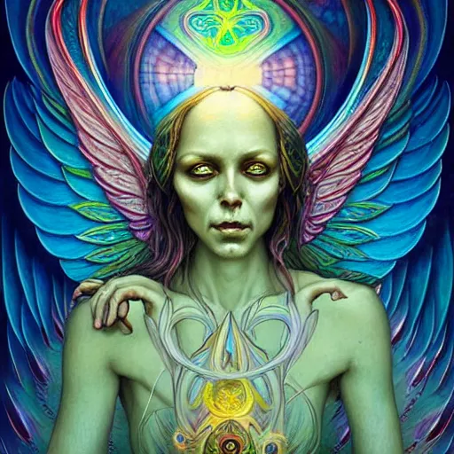 Prompt: psychedelic dmt angel artwork of esao andrews, frank peter mohrbacher, energy body, sacred geometry, esoteric art, divinity, detailed, tarot art