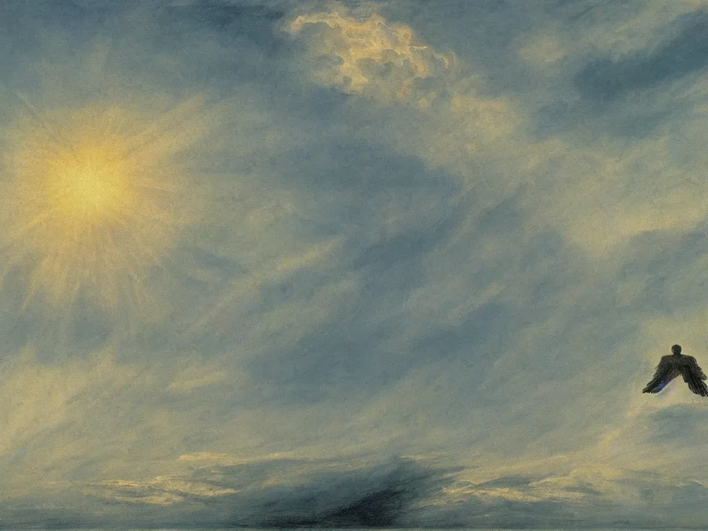 Prompt: biblical angel in the sky flying on the sea painted by caspar david friedrich