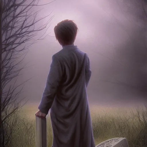 Image similar to stand by me river phoenix leaning on a grave stone, sadness, matte detailed photo, DeviantArt, Artstation, by donato giancola, ralph horley, loish, cinematic lighting