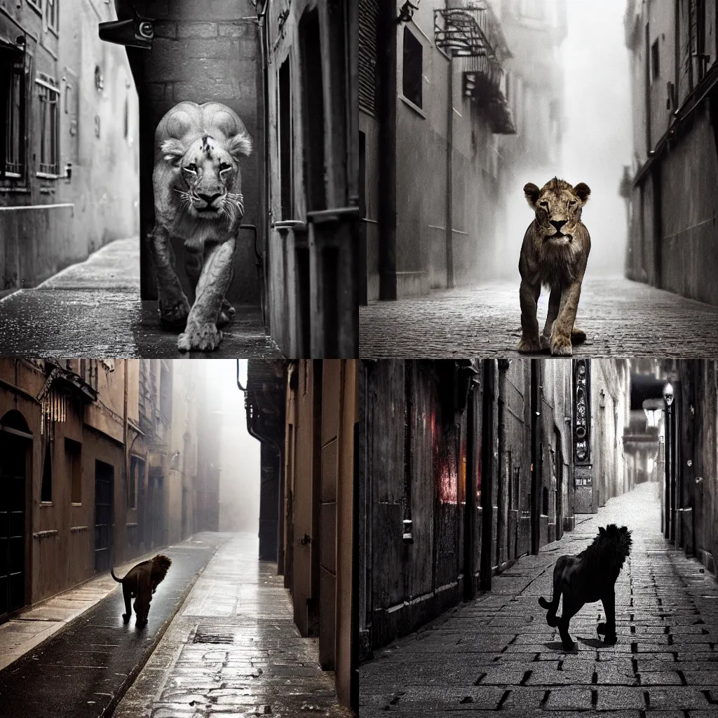 Prompt: A digital photo of a stealthy teenage lion in a dark rainy alleyway wearing trending on artstation, cinematic lighting, Ornate, delicate, neat, precise, detailed, opulent, lavish, elegant, ornamented, fine, elaborate, accurate, intricate, meticulous, decorative, realistic