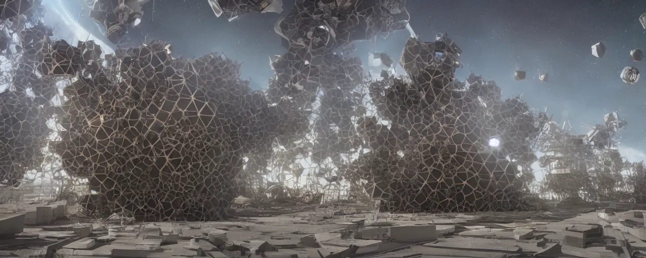 Image similar to movie still, brutalist wasp hive in space, unreal engine, octane render, detailed and intricate, global illumination, volumetric lighting, hubble telescope images, james webb telescope images, detailed and intricate environment