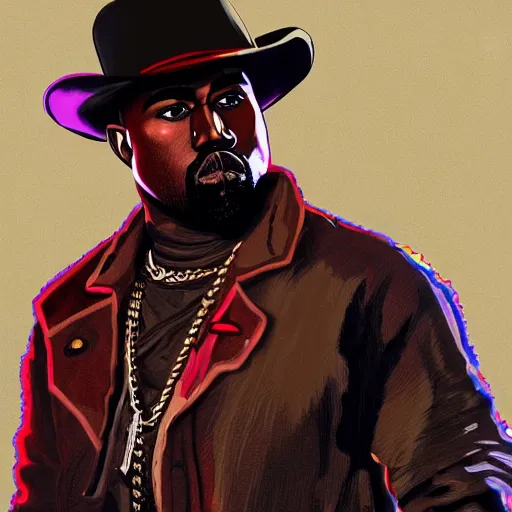 Image similar to kanye west in stephen bliss illustration red dead redemption 2 artwork of kanye west, in the style of red dead redemption 2 loading screen, by stephen bliss, artstation