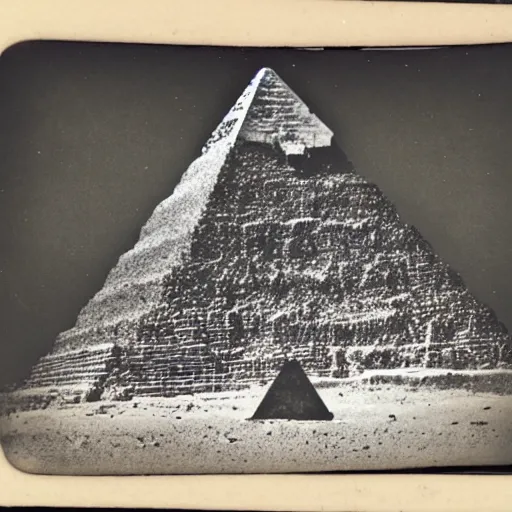 Image similar to tintype photo, ufo crashing into a pyramid