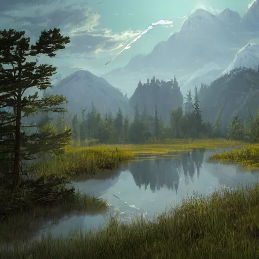 Prompt: concept art painting of a marsh swamp on top of a mountain above a forest, realistic, detailed, cel shaded, in the style of makoto shinkai and greg rutkowski and james gurney