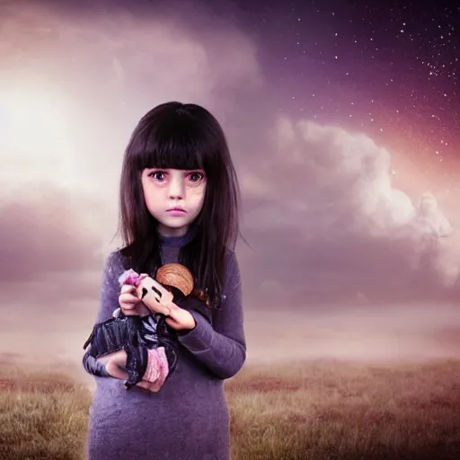 Prompt: a little alien girl with big sad black eyes and dark hair holds a doll in her hands, bangs cover half of her face, sci - fi, 3 d, mysterious atmosphere, photorealistic, ultra - details