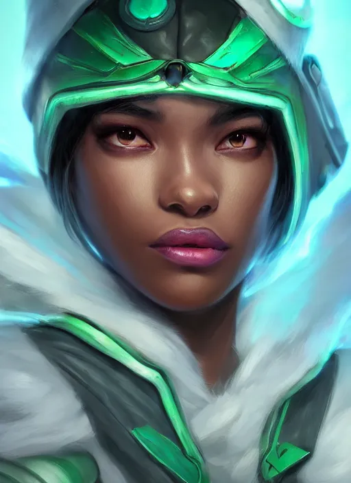 Image similar to senna from league of legends, au naturel, hyper detailed, brown skin, glowing green neon eyes, wearing white hood, digital art, trending in artstation, cinematic lighting, studio quality, smooth render, unreal engine 5 rendered, octane rendered, art style by klimt and nixeu and ian sprigger and wlop and krenz cushart