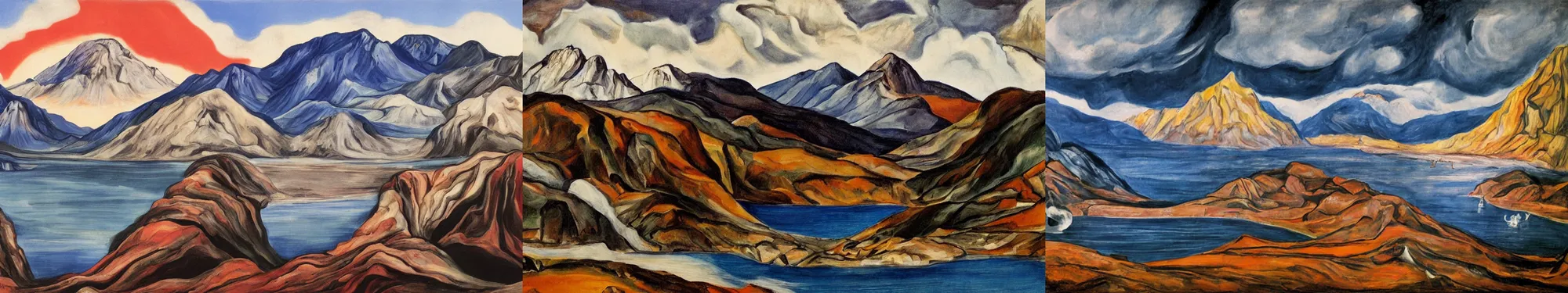 Prompt: lakeside mountains, by jose clemente orozco