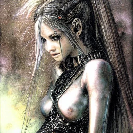 Prompt: portrait of knight girl with pigtails by Luis Royo