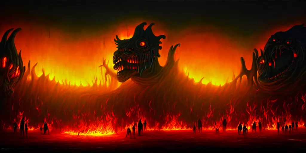 Image similar to repressed emotion creatures and monsters riot in a fiery wasteland, dramatic lighting glow from giant fire, attempting to escape to the surface and start a revolution, in a dark surreal painting by ronny khalil