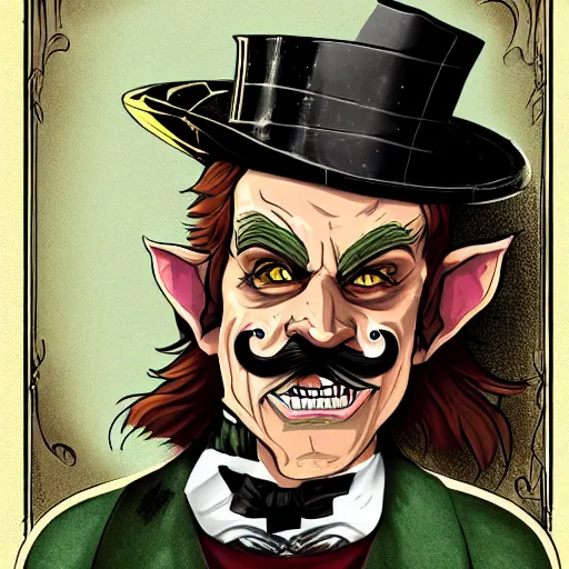 Prompt: a cartoonishly evil goblin, supervillain, top hat and luxurious moustache, portrait, d & d character portrait, victorian clothing, digital art, 8 k,