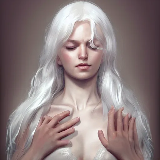 Prompt: goddess, white hair, long hair, closet eyes, seriousl look, praying, folded hands, artstation, highly detailed, georgeus, light background, by artgerm and gaston mussiere